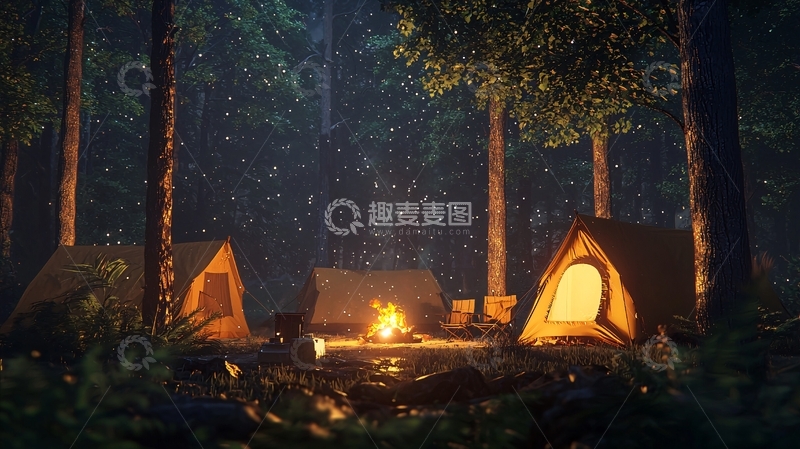 高清大图下载【趣麦麦图】雨夜森林露营篝火