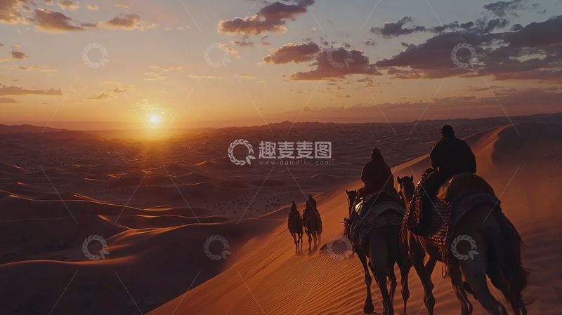 高清大图下载【趣麦麦图】沙漠日落驼队剪影
