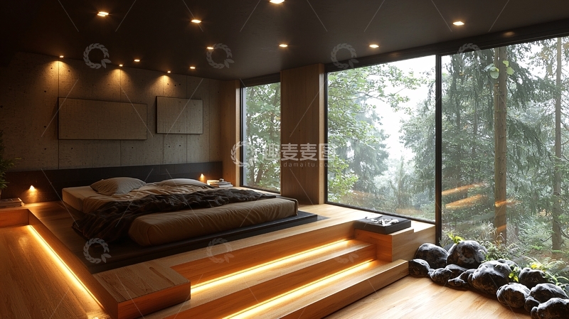 高清大图下载【趣麦麦图】卧室落地窗森林景观