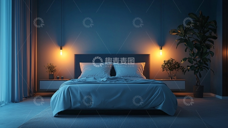 高清大图下载【趣麦麦图】蓝色调舒适卧室