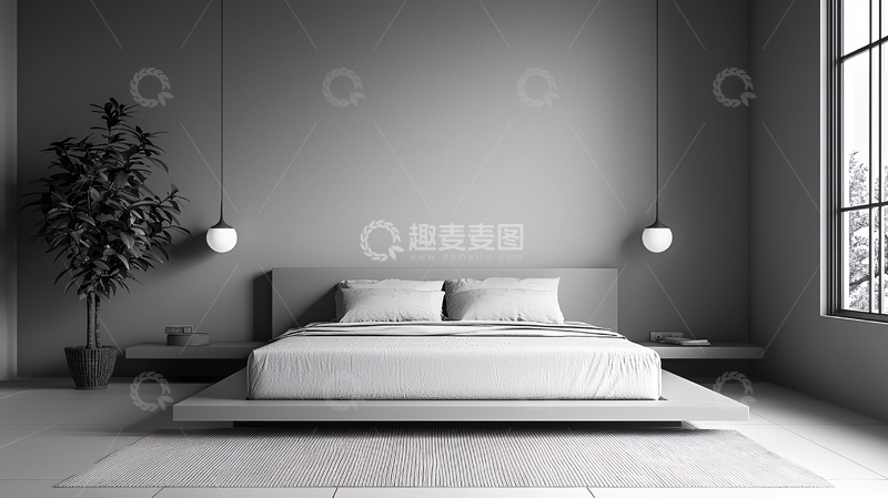 高清大图下载【趣麦麦图】极简灰色现代卧室