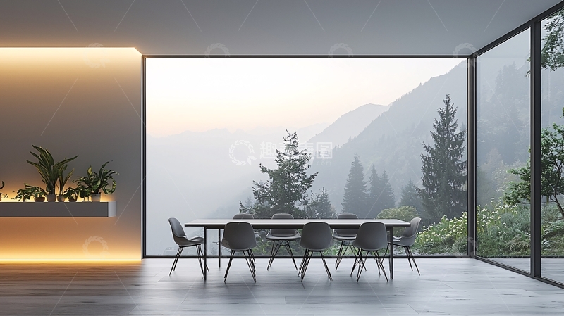 高清大图下载【趣麦麦图】现代简约餐厅窗外山景