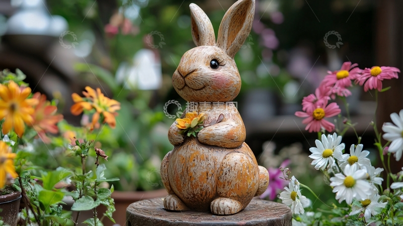 高清大图下载【趣麦麦图】花园里可爱的兔子雕塑