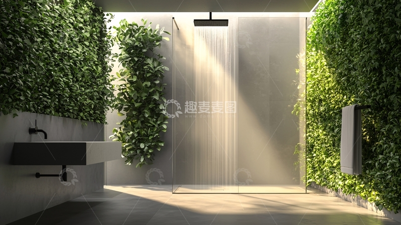 高清大图下载【趣麦麦图】绿植环绕的淋浴间