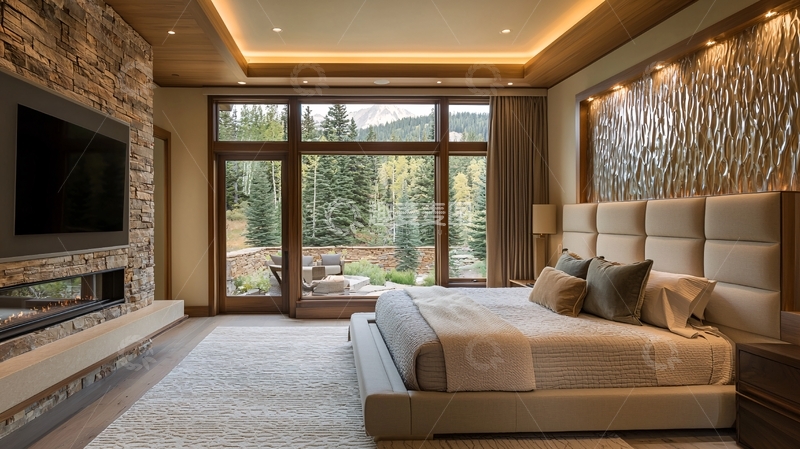 高清大图下载【趣麦麦图】豪华卧室落地窗外自然景观