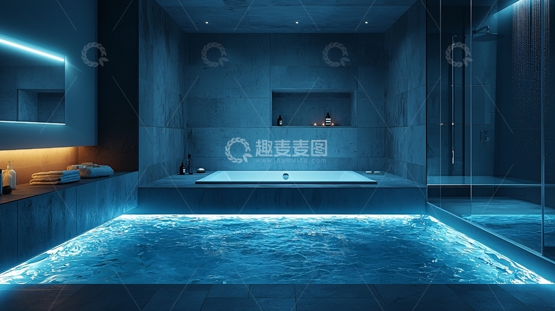 高清大图下载【趣麦麦图】蓝色灯光照亮的豪华浴缸