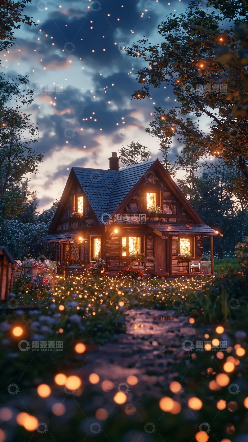高清大图下载【趣麦麦图】夜晚森林小屋