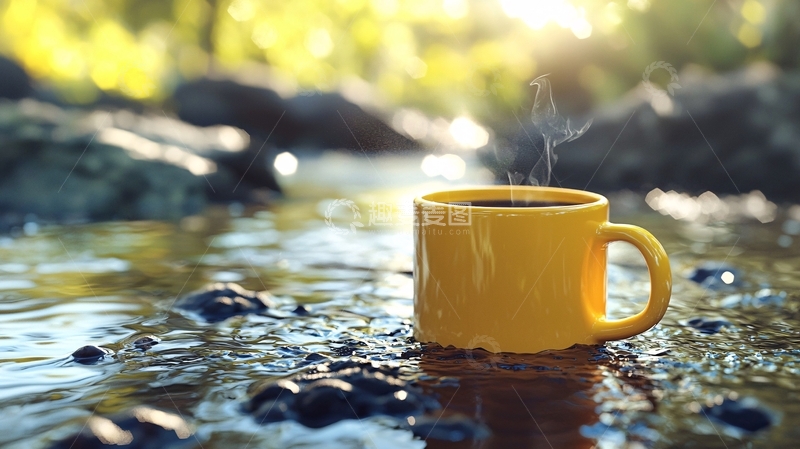 高清大图下载【趣麦麦图】溪边黄杯热咖啡
