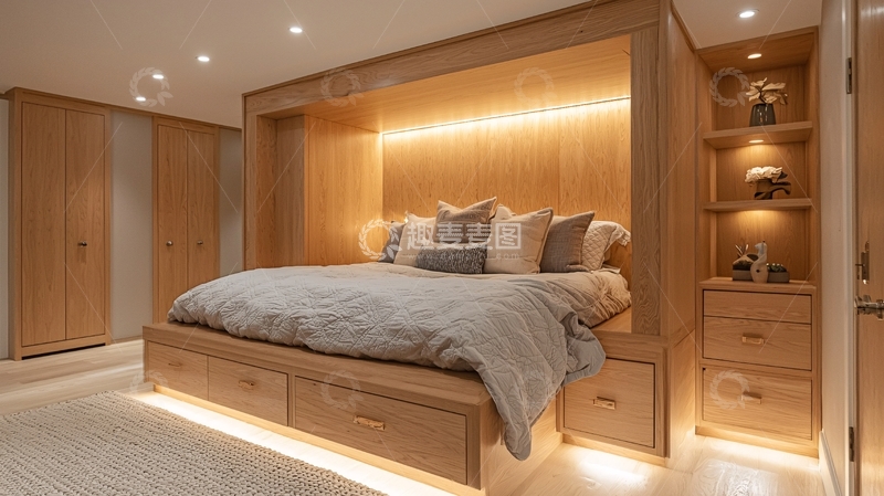 高清大图下载【趣麦麦图】木质床头柜一体化卧室
