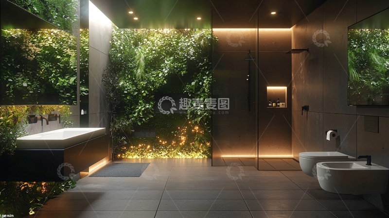 高清大图下载【趣麦麦图】室内绿色植物墙浴室