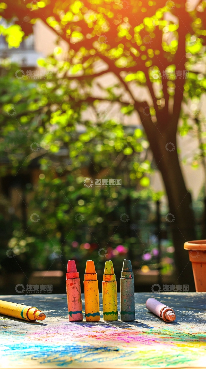 高清大图下载【趣麦麦图】阳光下户外蜡笔绘画