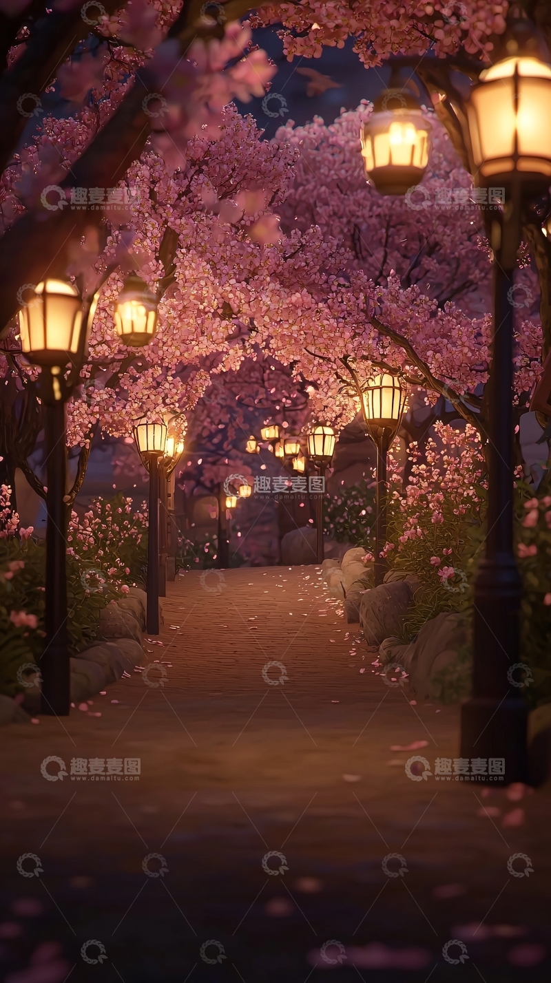 高清大图下载【趣麦麦图】夜晚樱花树下小路