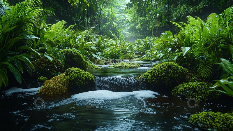 高清大图下载【趣麦麦图】茂密雨林溪流景观