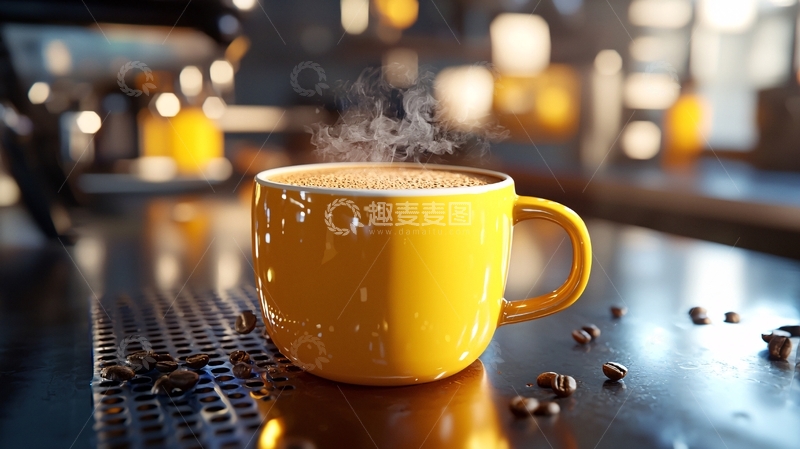 高清大图下载【趣麦麦图】热气腾腾的黄色咖啡杯