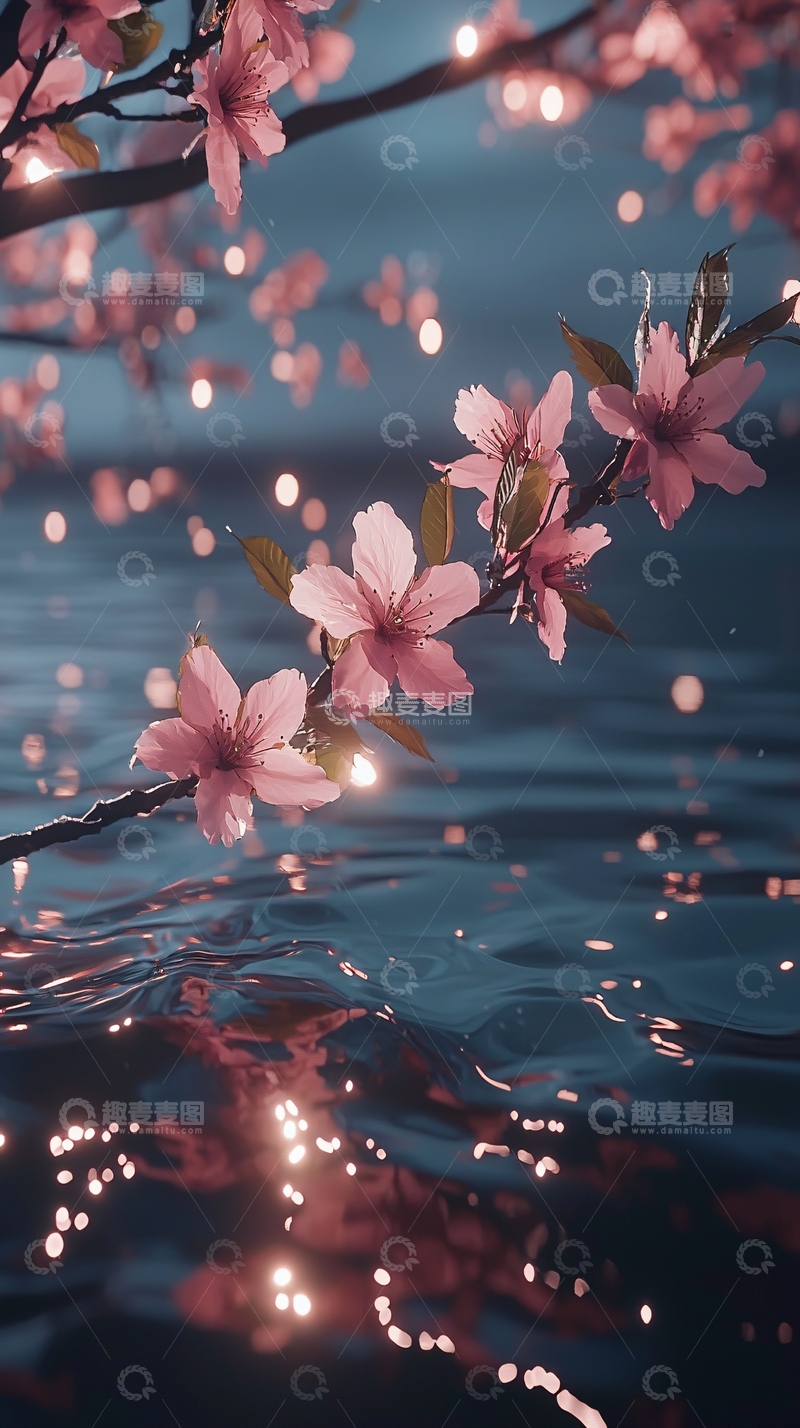 高清大图下载【趣麦麦图】夜色下水中盛开的粉色樱花