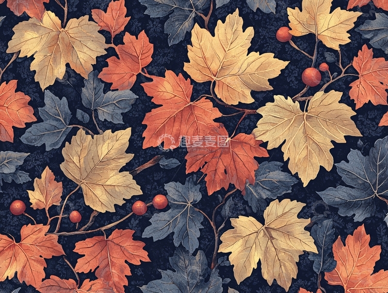 高清大图下载【趣麦麦图】深色背景下的秋季树叶图案