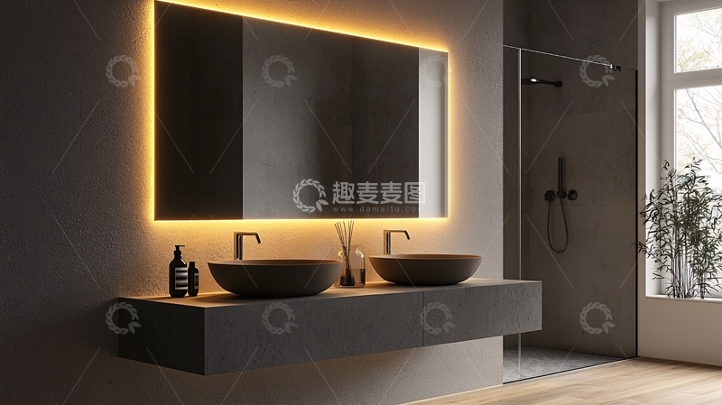 高清大图下载【趣麦麦图】带灯镜子的现代浴室