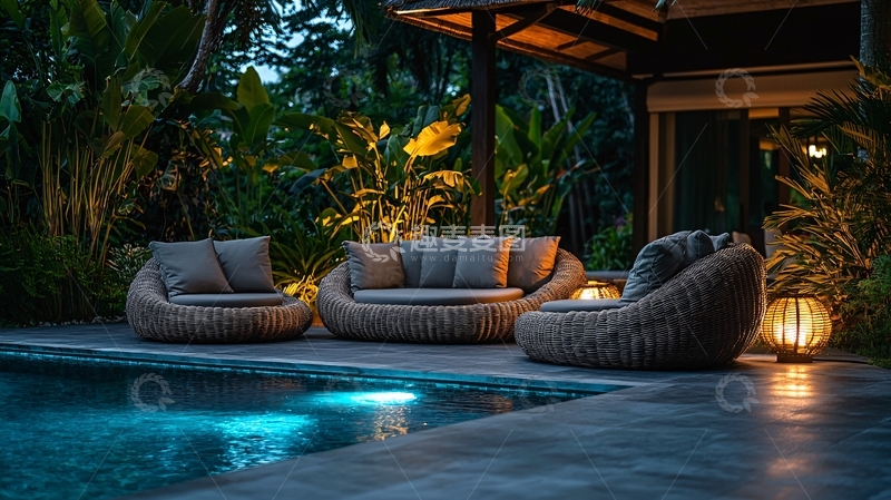 高清大图下载【趣麦麦图】泳池边的藤编家具