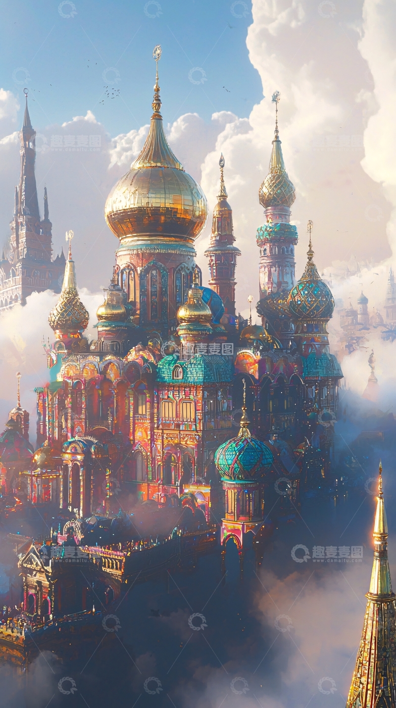 高清大图下载【趣麦麦图】云端中的金色穹顶宫殿