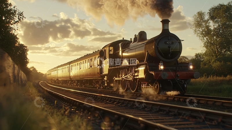 高清大图下载【趣麦麦图】夕阳下行驶的蒸汽火车