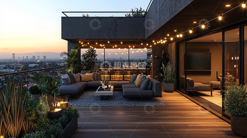 高清大图下载【趣麦麦图】屋顶露台夜景与城市天际线