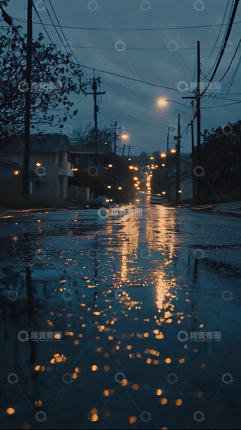 高清大图下载【趣麦麦图】雨夜街道灯光倒影