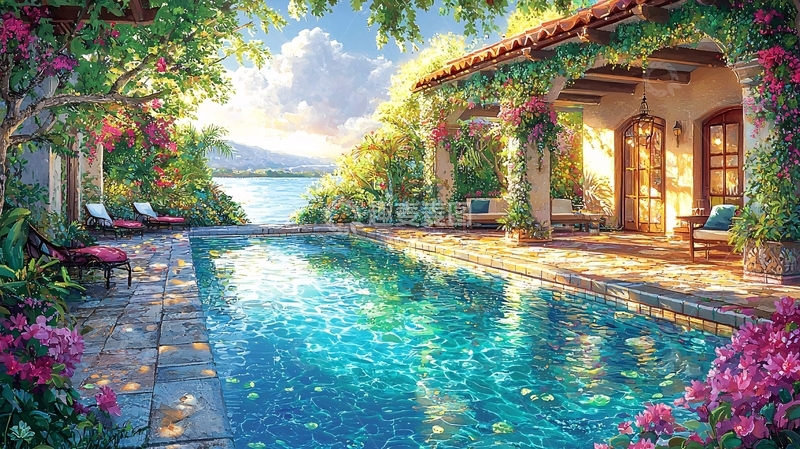 高清大图下载【趣麦麦图】泳池边的度假别墅