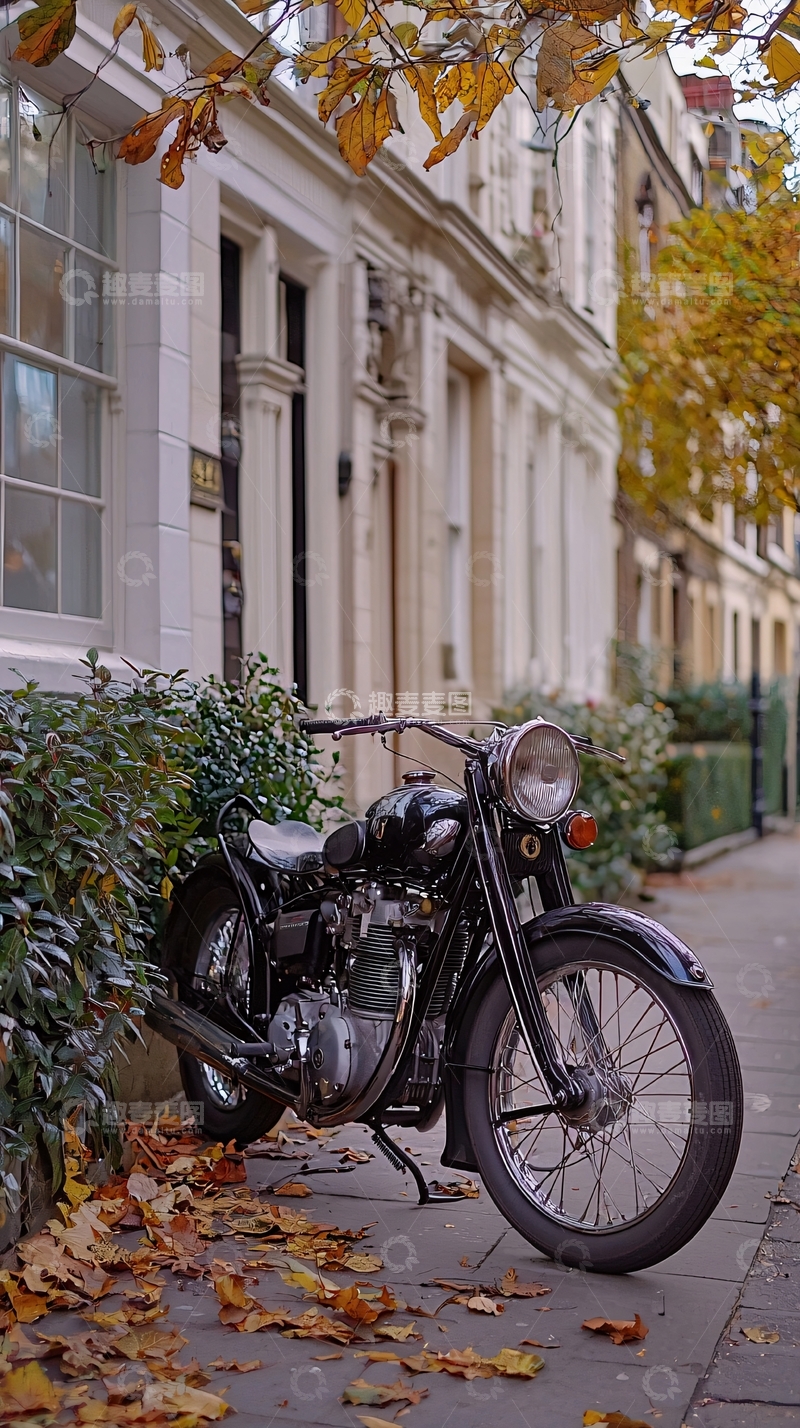 高清大图下载【趣麦麦图】复古摩托车秋叶街道
