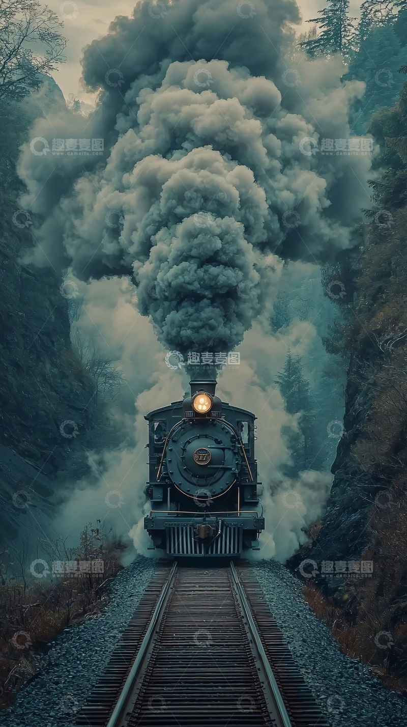 高清大图下载【趣麦麦图】蒸汽火车峡谷浓烟