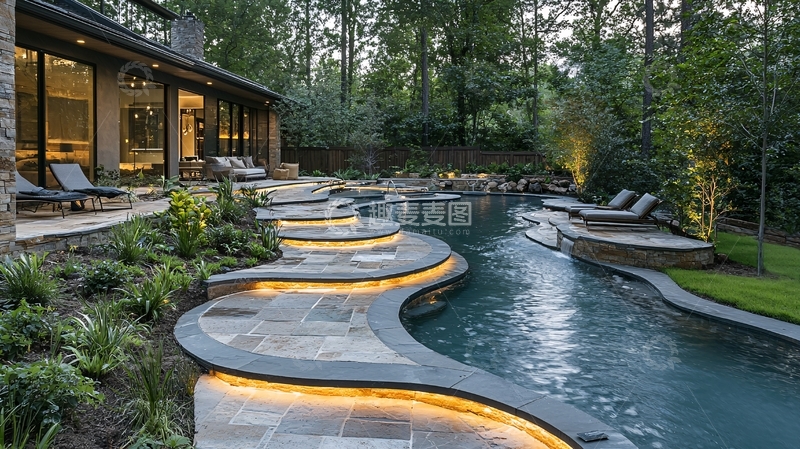 高清大图下载【趣麦麦图】豪华住宅泳池花园夜景
