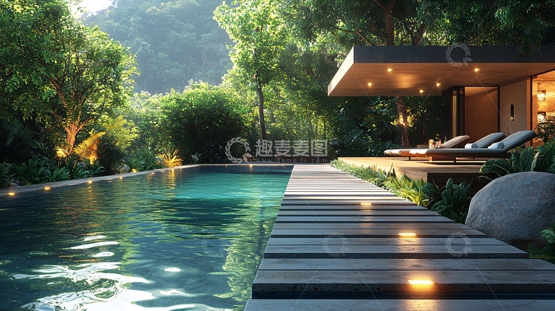 高清大图下载【趣麦麦图】热带绿植环绕的泳池