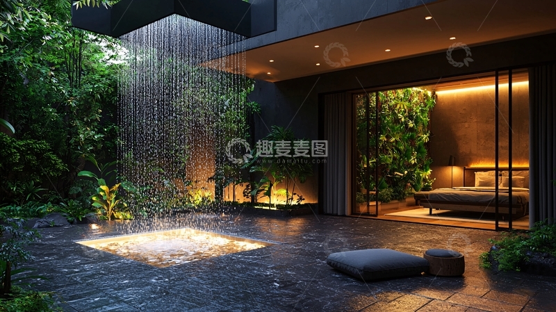 高清大图下载【趣麦麦图】雨中花园与室内卧室相连