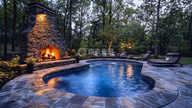 高清大图下载【趣麦麦图】带壁炉的户外泳池