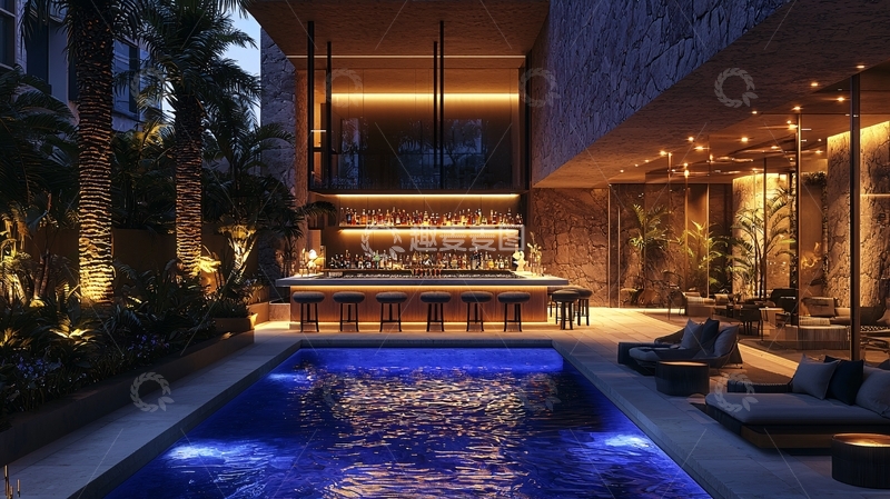 高清大图下载【趣麦麦图】泳池边的豪华酒吧夜景