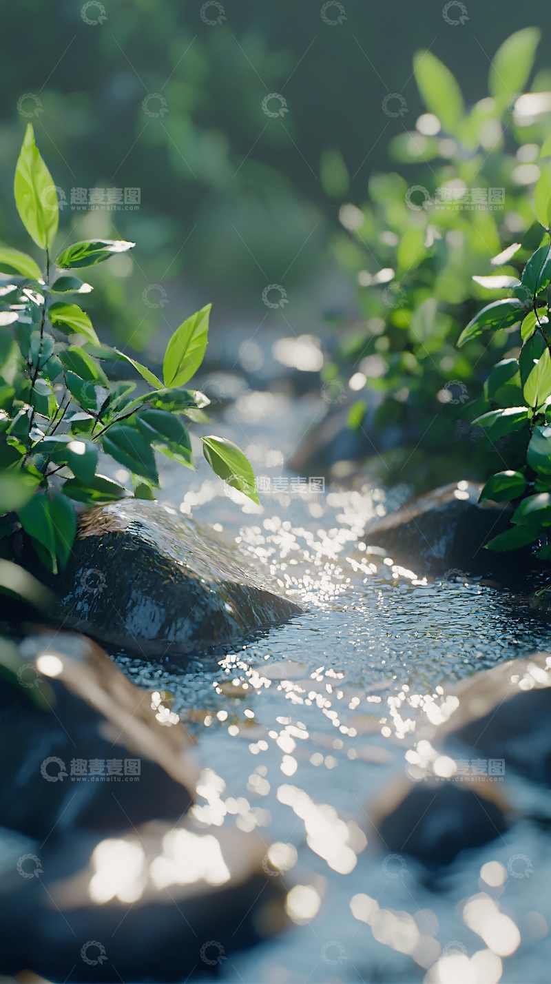 高清大图下载【趣麦麦图】清澈溪流绿叶环绕