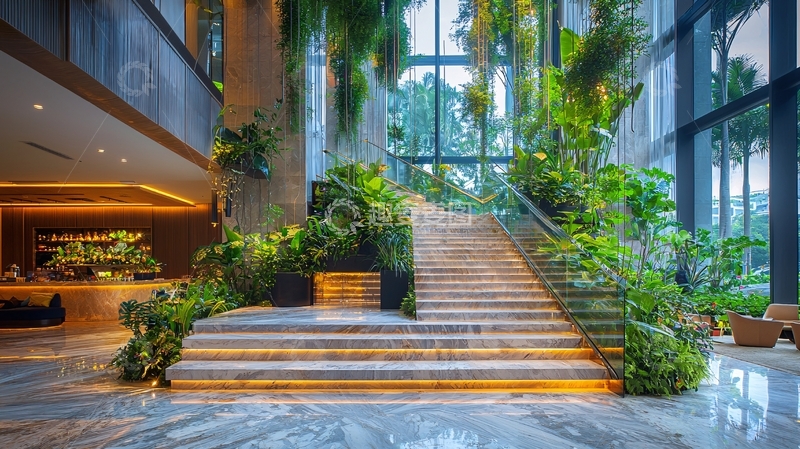高清大图下载【趣麦麦图】楼梯与绿色植物的和谐融合