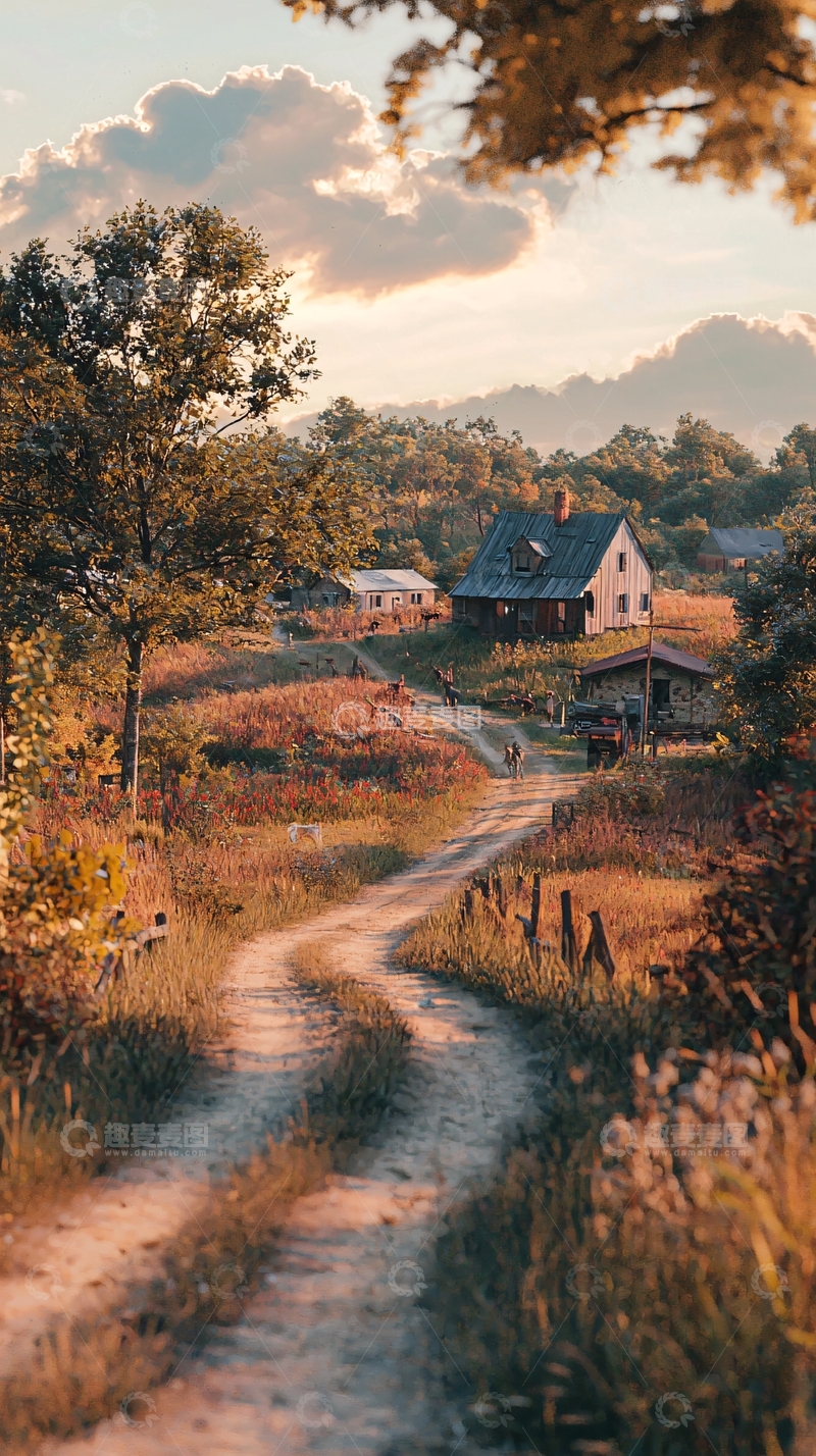 高清大图下载【趣麦麦图】乡间小路蜿蜒通向远方房屋