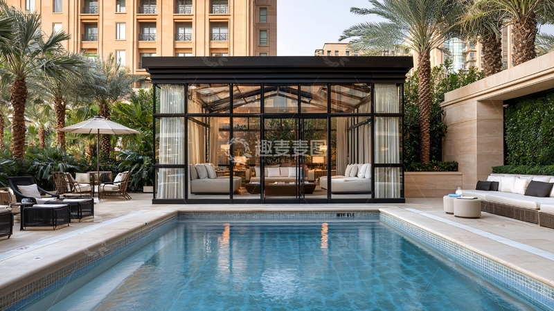 高清大图下载【趣麦麦图】泳池边的玻璃屋休闲区