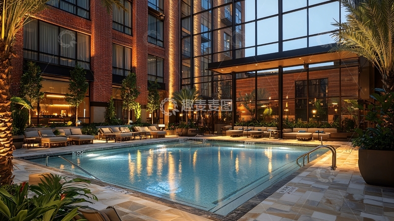 高清大图下载【趣麦麦图】豪华酒店庭院泳池夜景