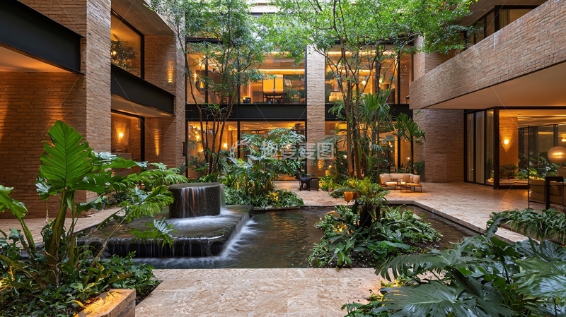 高清大图下载【趣麦麦图】室内庭院水景绿植空间