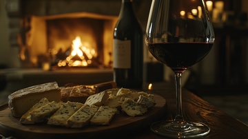 壁炉旁的红酒与奶酪