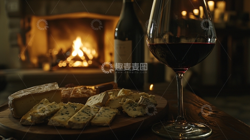 高清大图下载【趣麦麦图】壁炉旁的红酒与奶酪