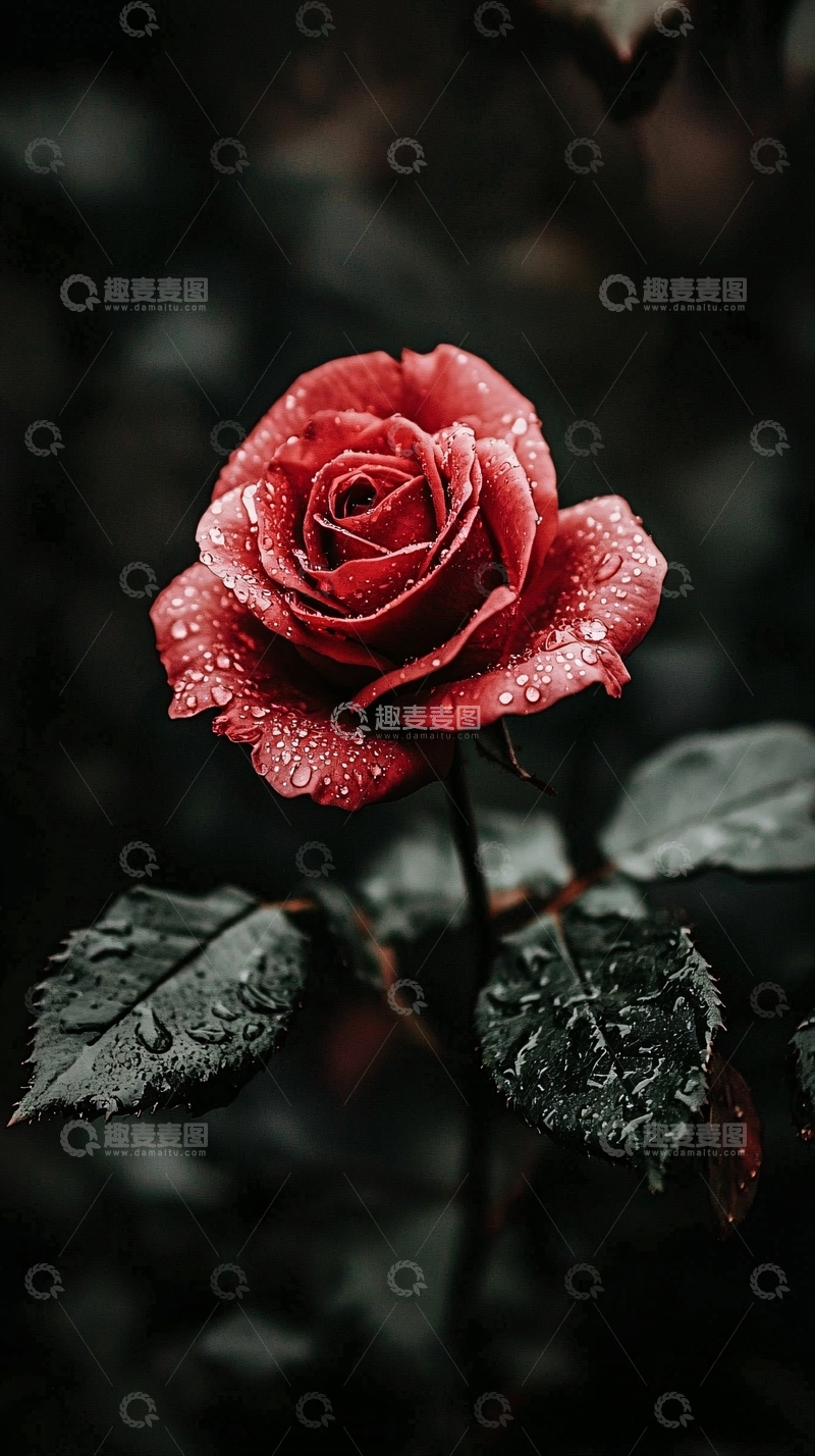 高清大图下载【趣麦麦图】暗色调红玫瑰雨滴