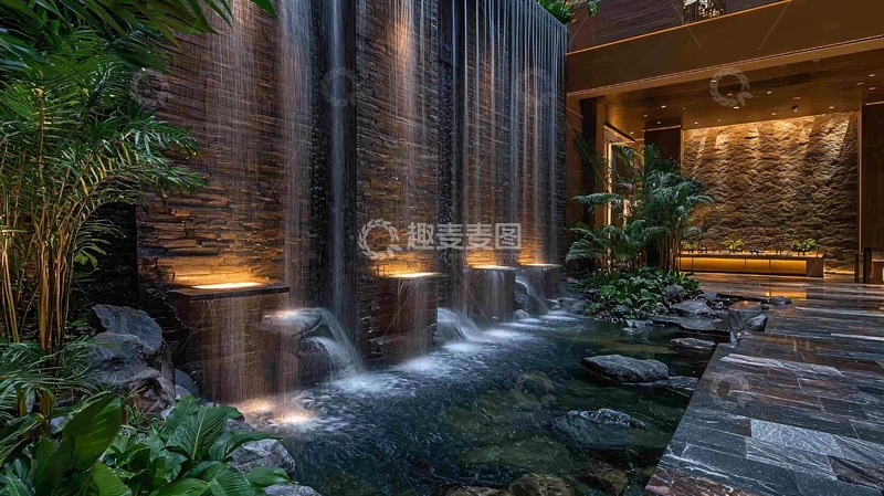 高清大图下载【趣麦麦图】景观瀑布庭院夜景