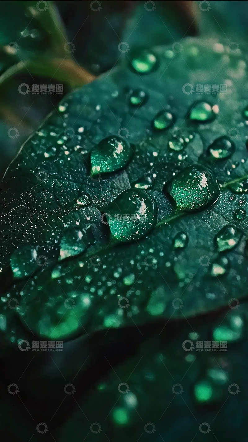 高清大图下载【趣麦麦图】深绿叶片上的晶莹水珠