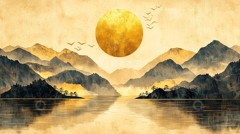 高清大图下载【趣麦麦图】金色太阳下的山水画
