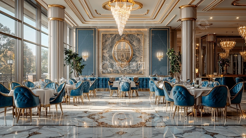 高清大图下载【趣麦麦图】奢华蓝色金色餐厅