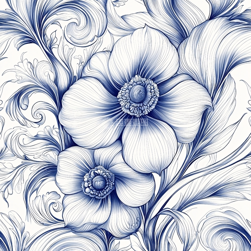 高清大图下载【趣麦麦图】青花瓷风格花卉图案