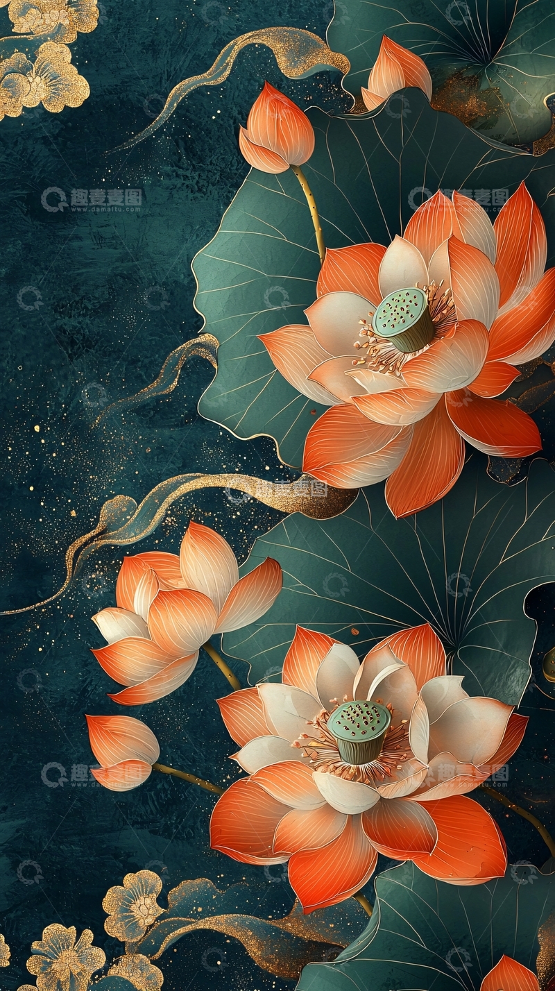 高清大图下载【趣麦麦图】莲花盛开的国风背景图