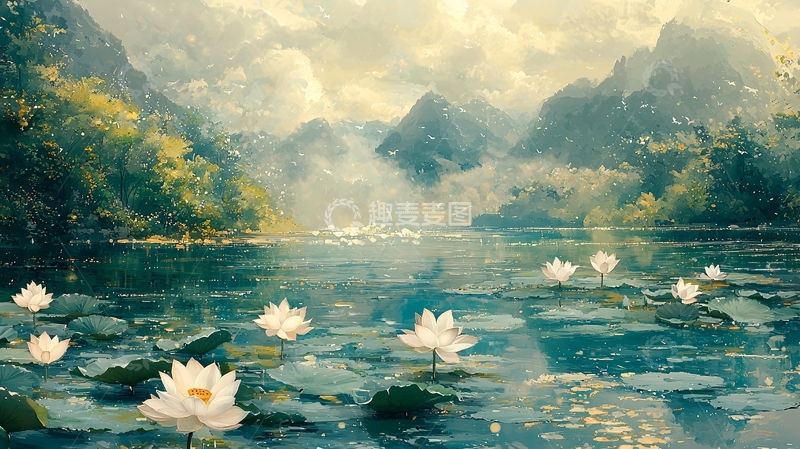 高清大图下载【趣麦麦图】宁静湖面莲花山景
